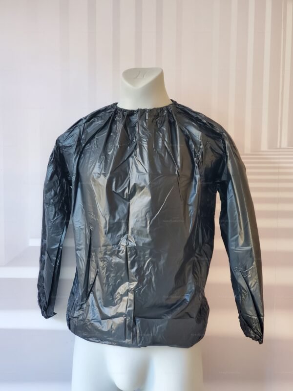 Sleek black fetish jacket with a shiny, crinkled texture.