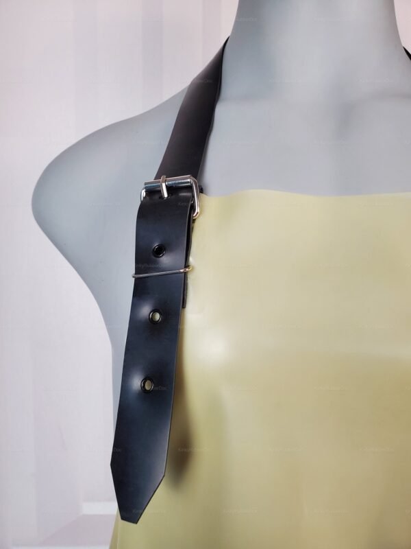 Translucent latex apron with adjustable black strap and buckle.