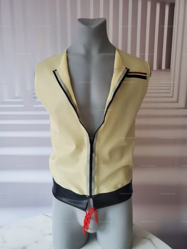 Transparent Zipped Latex Jacket with black trim and red drawstring.