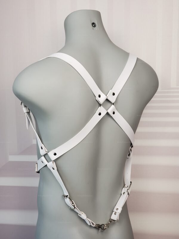 White Suspender Harness with adjustable straps and metal hardware, displayed on mannequin torso.