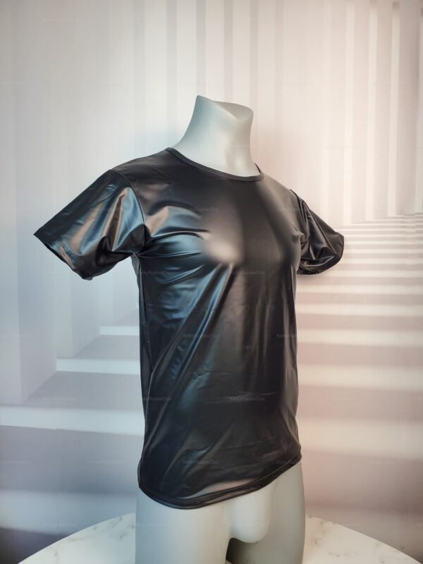 Shiny black vegan leather T-shirt with short sleeves and sleek finish.
