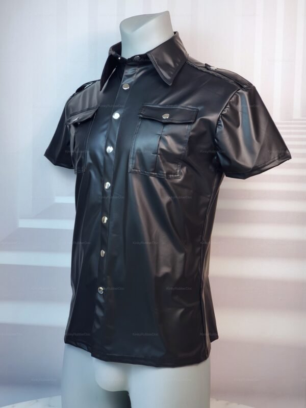 Sleek vegan leather shirt with epaulets and chest pockets.
