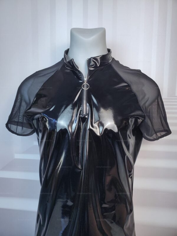 Shiny black vinyl wet-look shirt with mesh back and short sleeves.