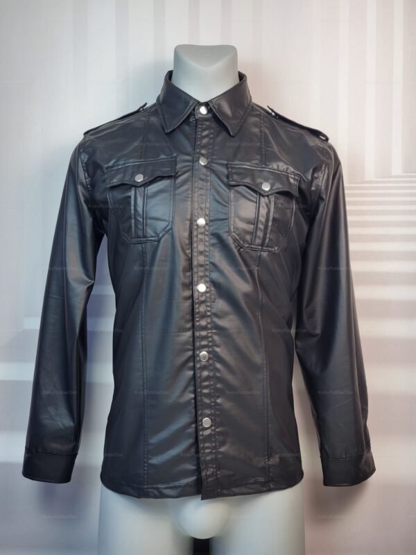 Wetlook black leather shirt with collar featuring metallic buttons and chest pockets.