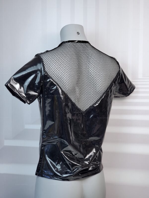 Shiny black wetlook top with fishnet detailing on the back.