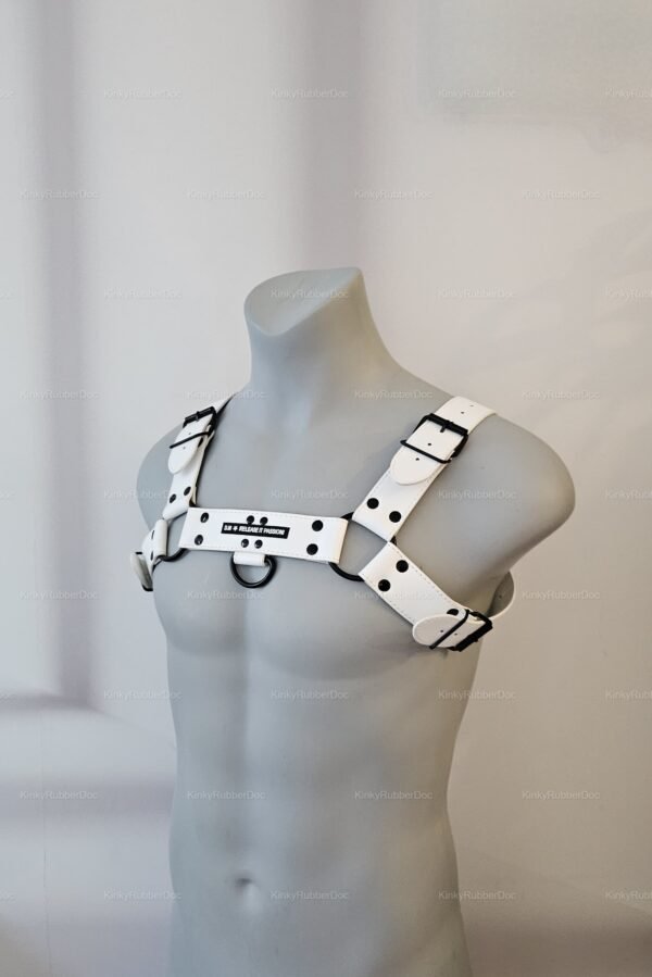 White PU leather harness with black accents and adjustable straps.
