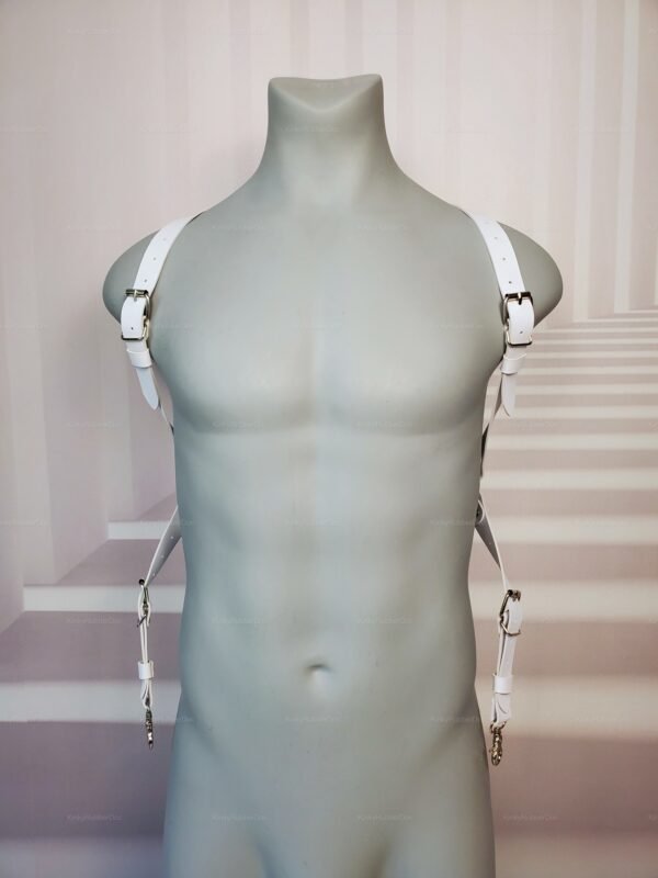 White leather suspender harness with adjustable straps and metal hardware.