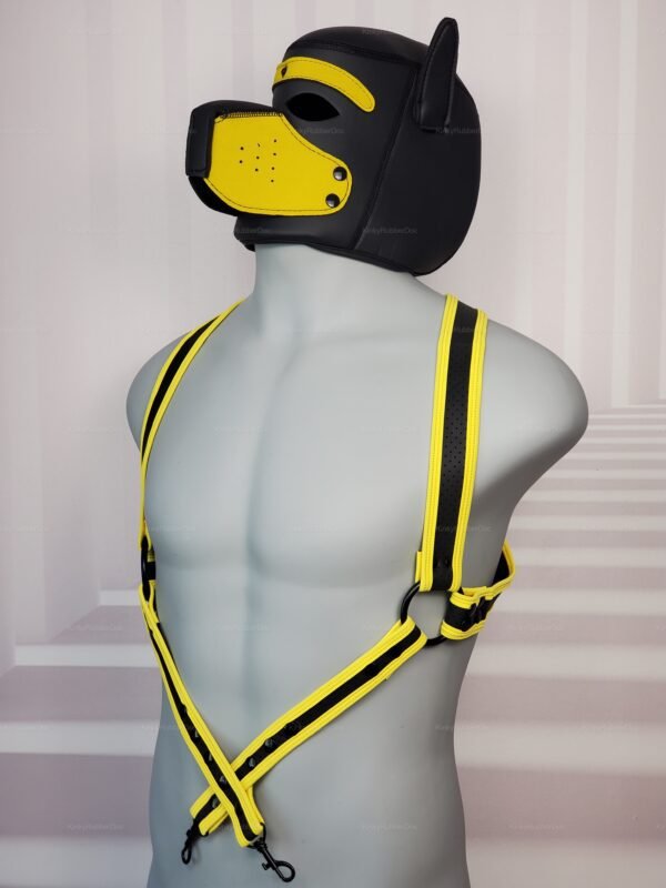 Yellow and black puppy play harness and hood set.