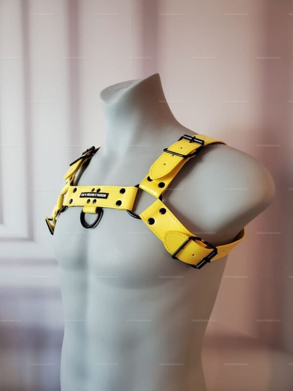 Adjustable Yellow Leather Harness for men with front D-ring and black buckles