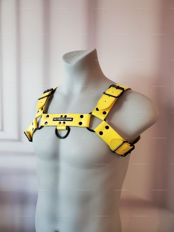 Vibrant yellow harness with black buckles and front belted design.