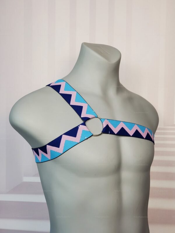Front view of trans flag zigzag elastic harness worn on mannequin