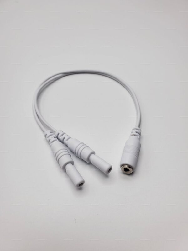 A sleek white 2mm-pin-to-2-5mm-jack electro Tens cable adapter featuring dual connectors and a single jack.