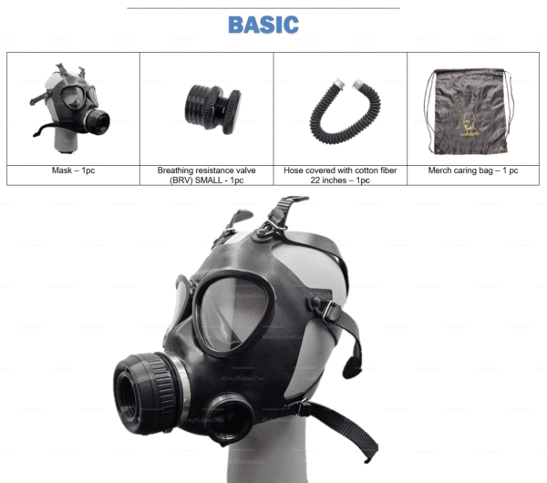 A black rubber gas mask with a breathing resistance valve and cotton-covered hose, designed for safe breathplay and fetish roleplay.