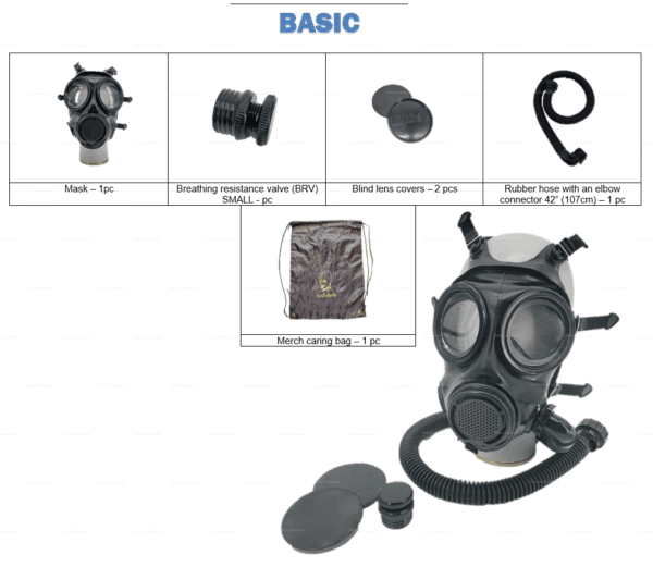 Basic-set-kit-gimpsuit-ready-gas-mask-upgraded-s10-look-kinkyrubberdoc featuring a sleek black gas mask with detachable breathing components, blind lens covers, and a flexible rubber hose, all accompanied by a branded carrying bag.
