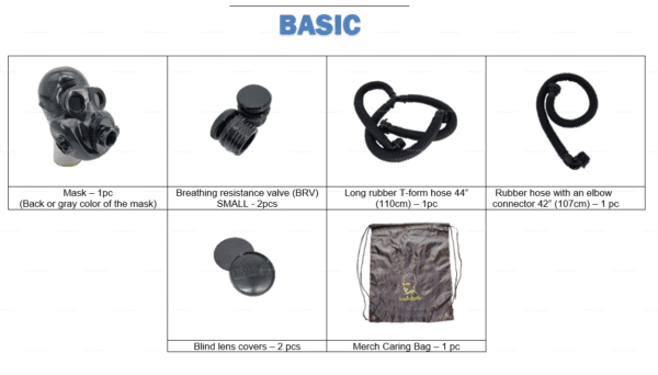 Gray latex fetish mask set with breathing valves, hoses, blind lens covers, and a caring bag.