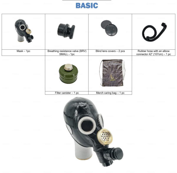 Basic-set-kit-vintage-soviet-gas-mask-fetish-gear-set featuring a sleek black mask with metallic accents, complete with essential accessories for an immersive experience.