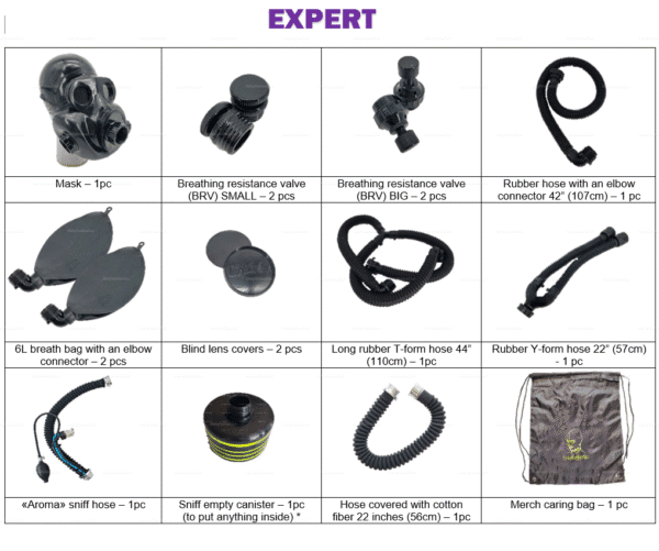 A comprehensive black rubber gas mask bundle featuring various hoses and accessories for an immersive experience.
