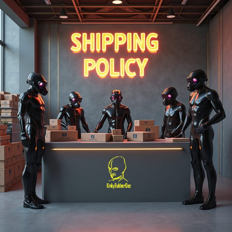 Futuristic black latex suits with bold neon accents in an edgy setting. KinkyRubberDoc Shipping Policy