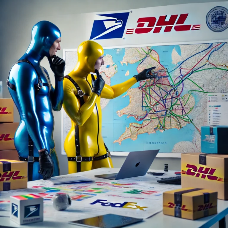 Two individuals wearing glossy blue and yellow latex suits with harness details, standing before a map and shipping boxes.