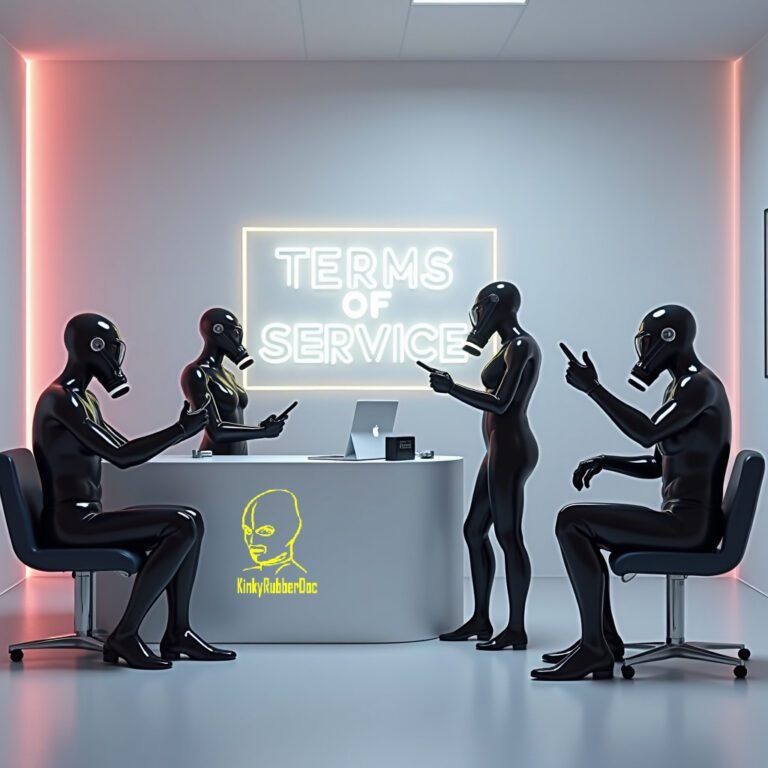 Sleek black latex bodysuits with gas masks in a futuristic setting. KinkyRubberDoc Terms of Service