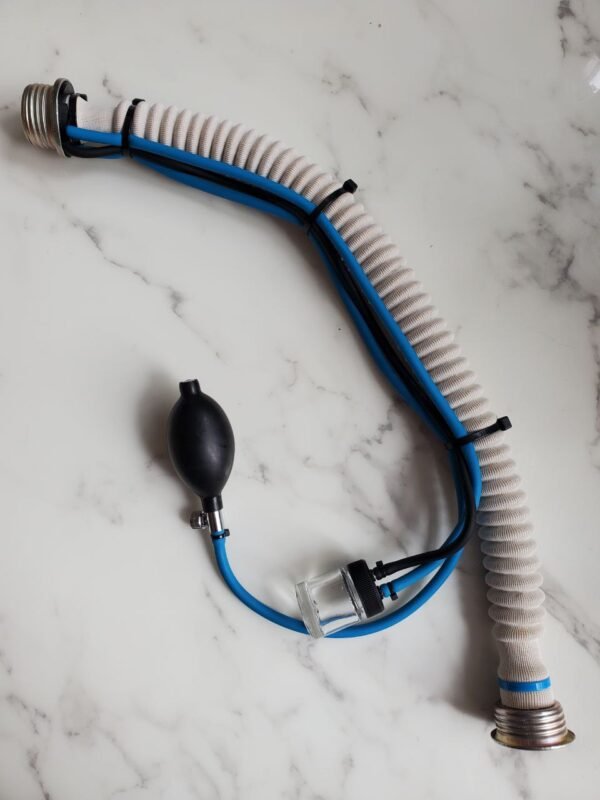 A kink-inspired accessory featuring ribbed white tubing accented with bold blue stripes, designed with a black pump for added sensation.