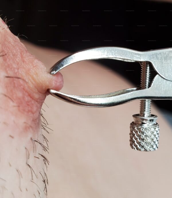 Close-up of adjustable electric nipple clamps with a 2.5mm connector, featuring a sleek metallic design and textured adjustment knob.
