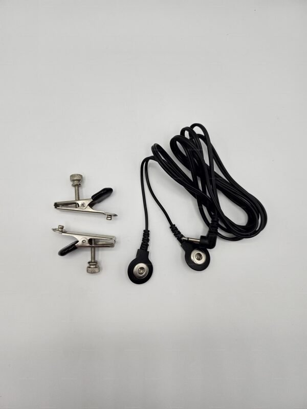 Adjustable e-stim nipple clamps with metal clips and connecting cables on a neutral background.