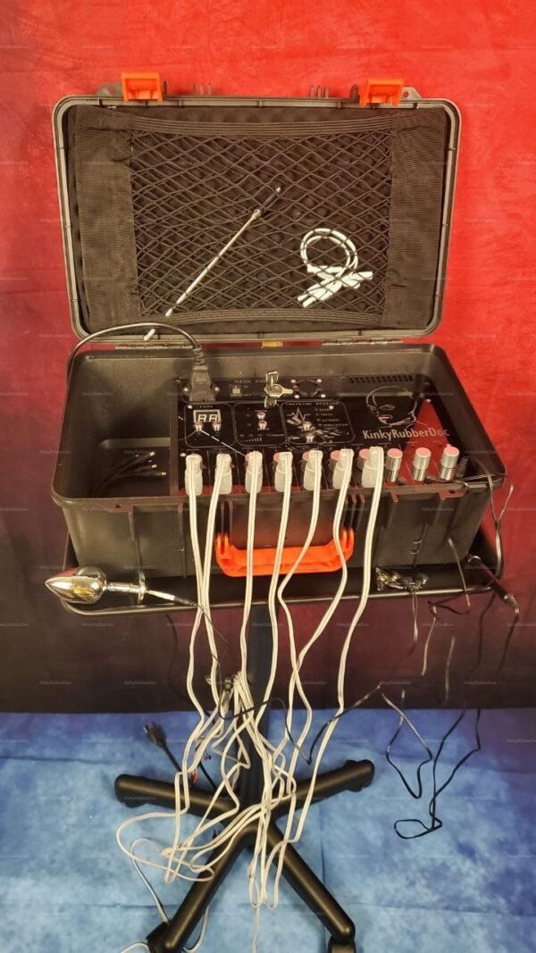 Advanced electroplay device case kit featuring multiple cables and a sleek, metallic finish for enhanced sensory experiences.