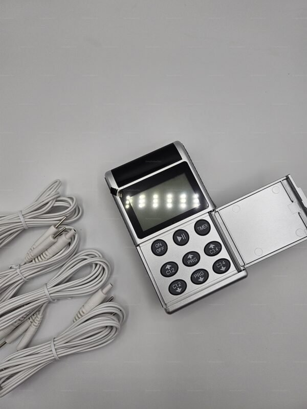 Sleek advanced TENS power box with multiple cables for enhanced sensory experiences.