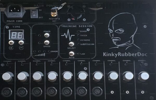 **Alt Text**: The Andronus E-Stim Unit is an advanced electroplay device featuring multiple controls and channels for customized sensations.