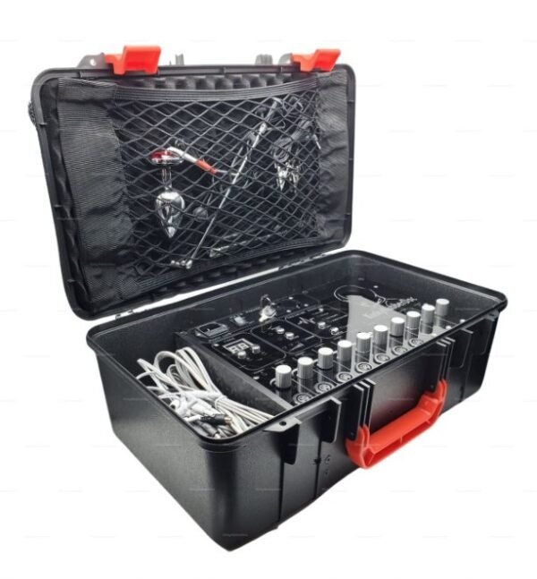 A black and red case containing a Andronus Professional BDSM Electro Stimulation Unit and control knobs, designed for adult play.