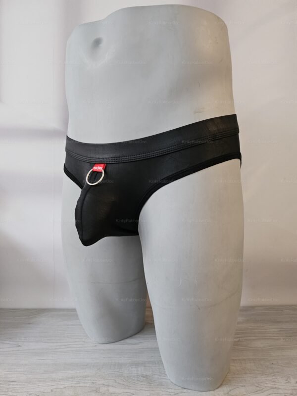 Sleek black PU leather briefs featuring a back-access design with a metallic ring accent.