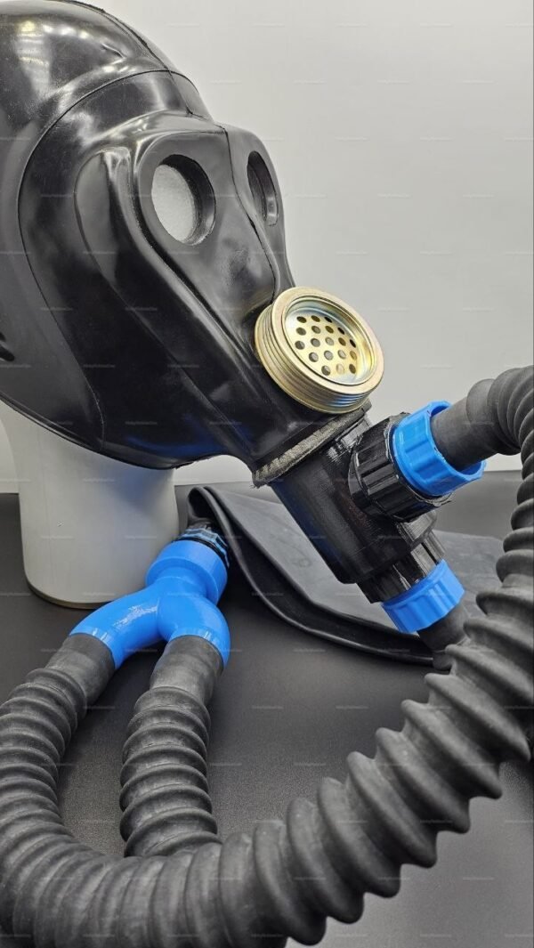 BDSM Breath Control Gas Mask with Hood Style Design featuring durable rubber and striking blue accents, perfect for adding an edgy vibe to your kink collection.