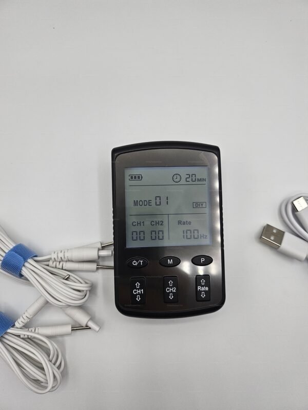 A sleek, black BDSM electro device with dual output, featuring a digital display and multiple control buttons, accompanied by white cables and a USB charger.