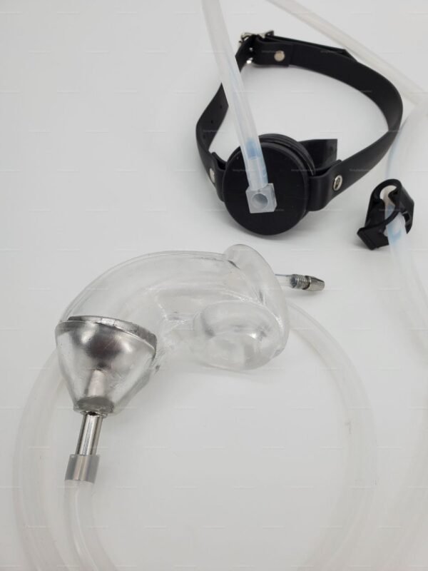 BDSM Hose Funnel System Catheter Gag with sleek black and transparent design for adventurous kink enthusiasts.