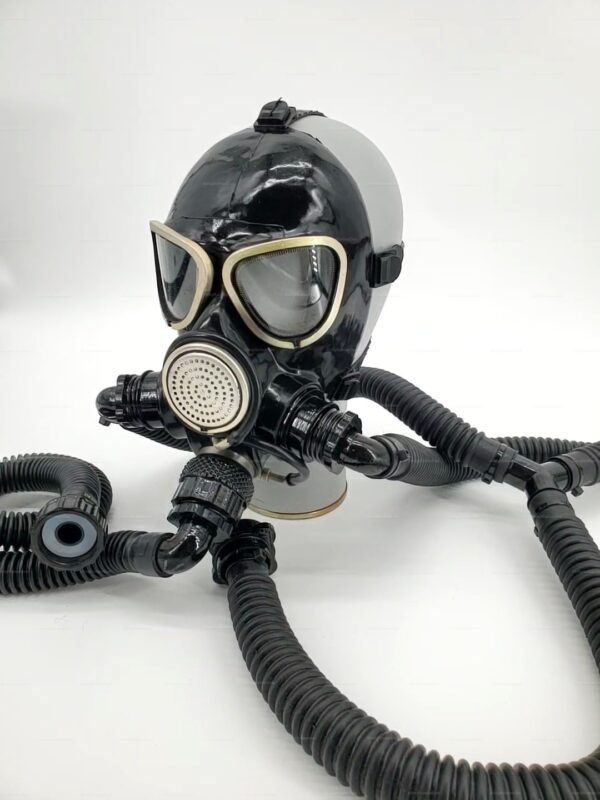 Black BDSM rubber mask with aroma hose and accessories, featuring a glossy finish and intricate tubing.