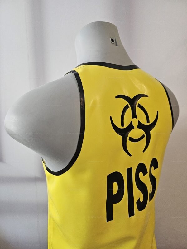 Yellow latex tank top featuring a bold biohazard symbol and the word "PISS," outlined with black trim for a striking contrast.
