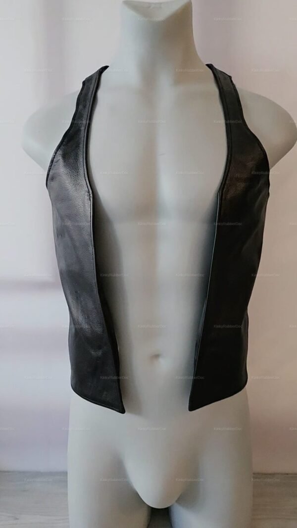 Black leather open vest for men, ideal for pride parties and fetish events.