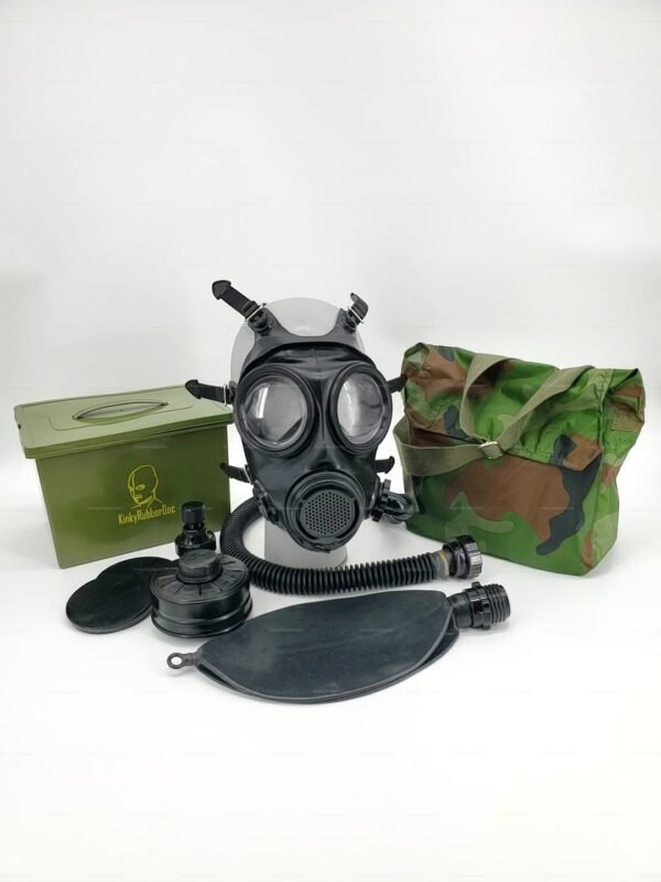 Black rubber fantasy gas mask with accessories and camo bag.