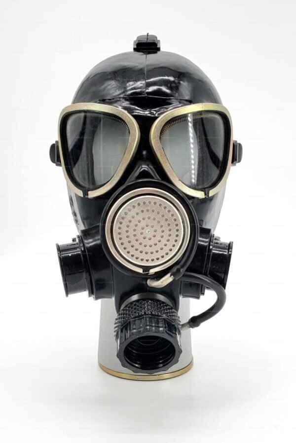 Black rubber gas mask with dual inputs, designed for breathplay and USSR cosplay.