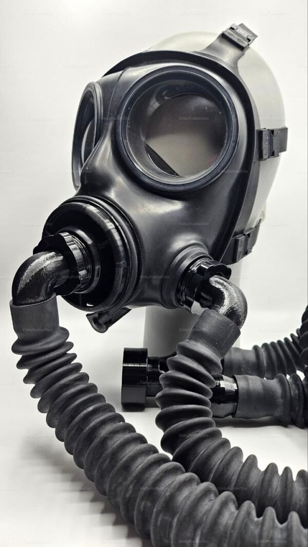 Black rubber gas mask with corrugated hose set for cosplay and military roleplay enthusiasts.
