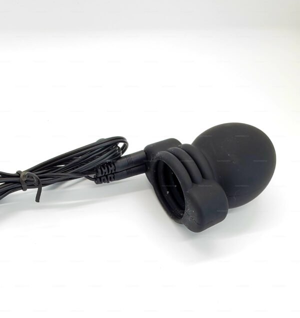 Black silicone electro-sex toy with attached cable for male pleasure.
