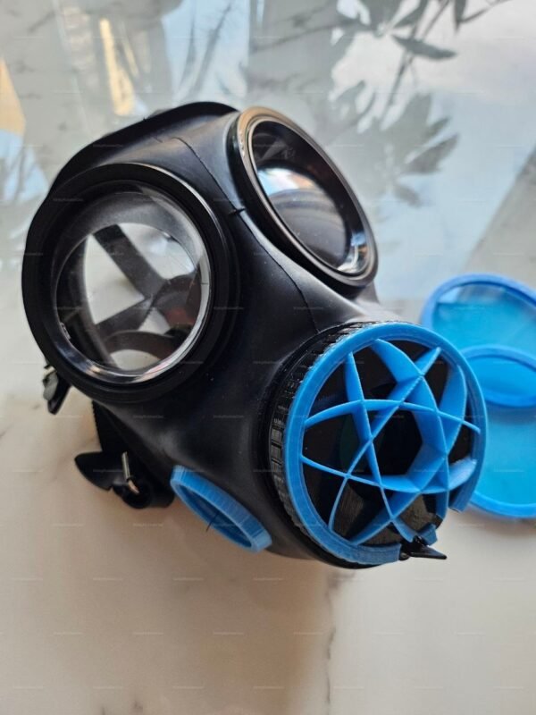 Black and blue rubber mask with matching valve, featuring large eye lenses and a bold, industrial design.