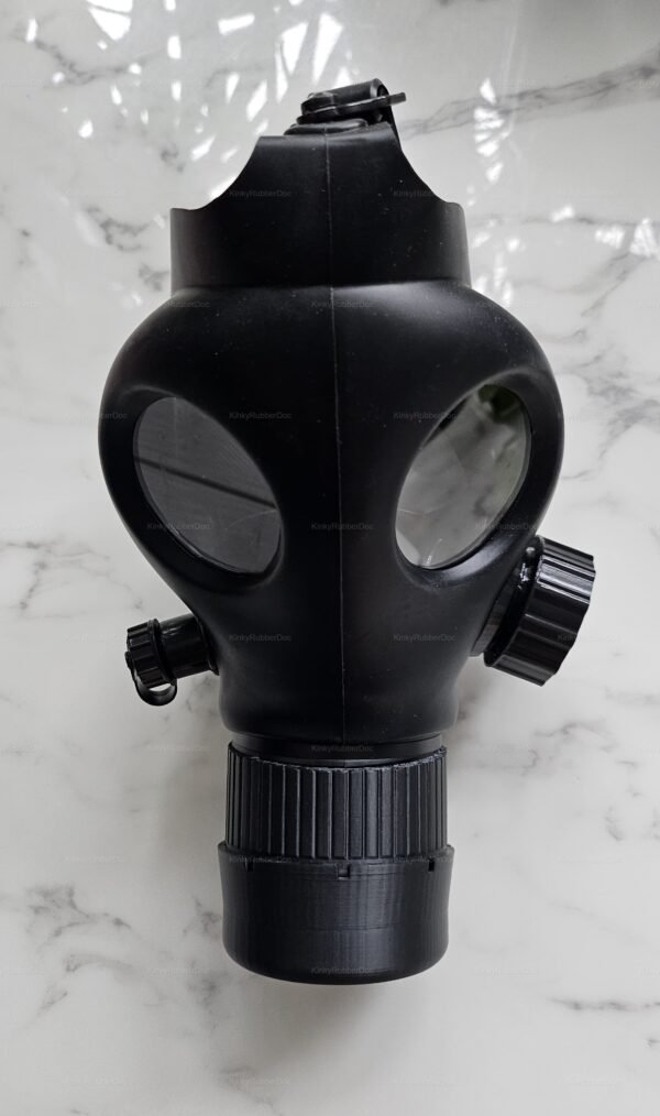 Black gas mask with a sleek design and clear lenses for an adventurous breathplay experience.
