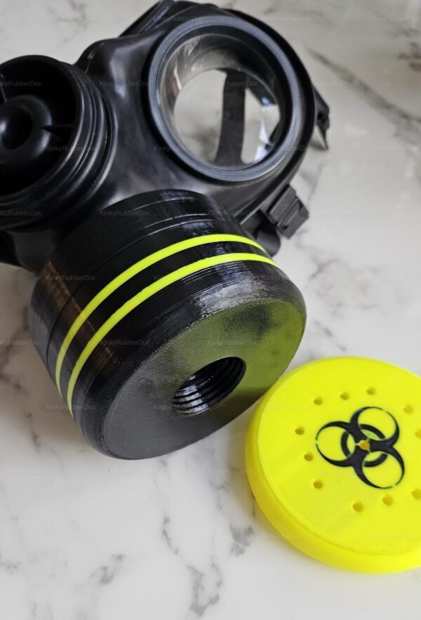 Black gas mask with vibrant blue stripes and a yellow canister lid featuring a paw print design.