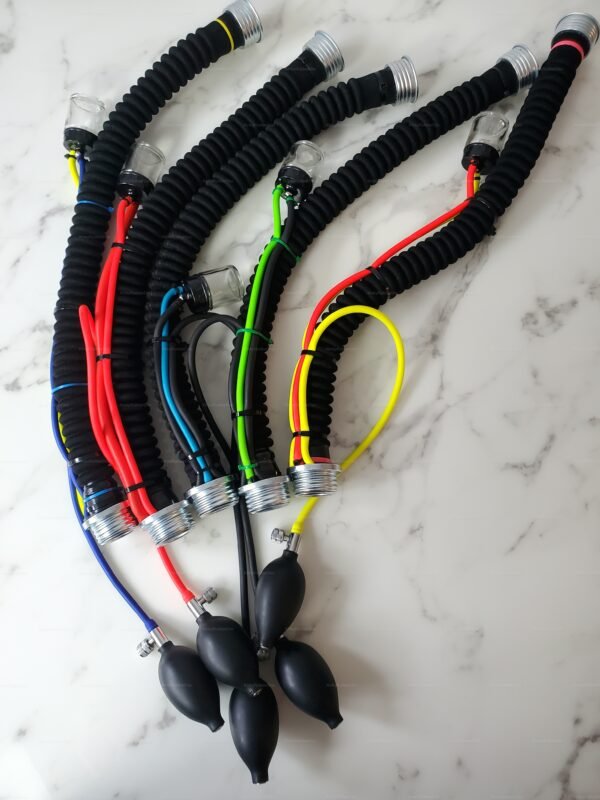 A collection of black flexible hoses with colorful accents designed for breathplay and aroma experiences, compatible with RD40 universal gas masks.