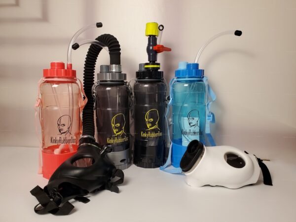 A collection of breathplay bubble bottles featuring RD40 connectors and LED lights, available in various colors with sleek designs and kink-themed graphics.