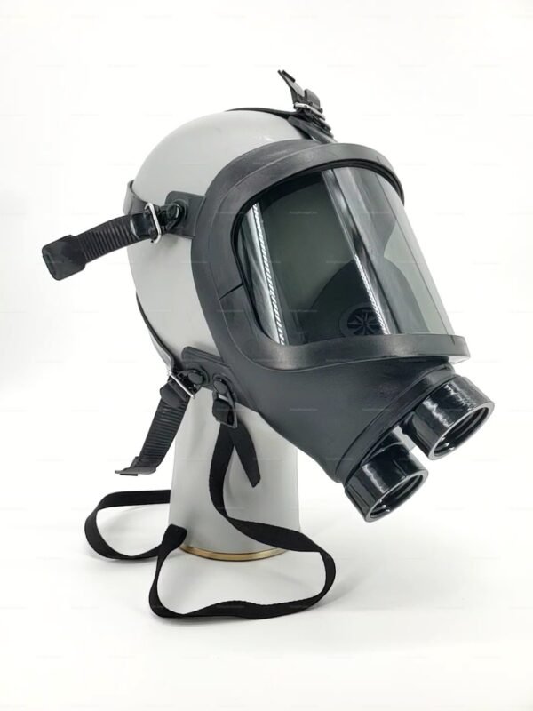 Pilot Gas Mask rd40-universal-thread featuring a sleek black design with adjustable straps and dual front filters.