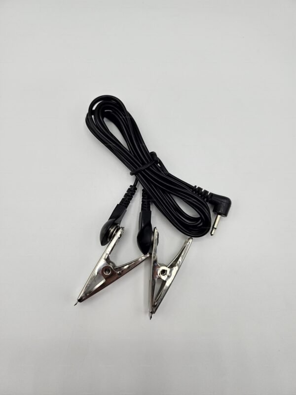 BDSM E-Stim Nipple Clamps with black cord for intense sensation.