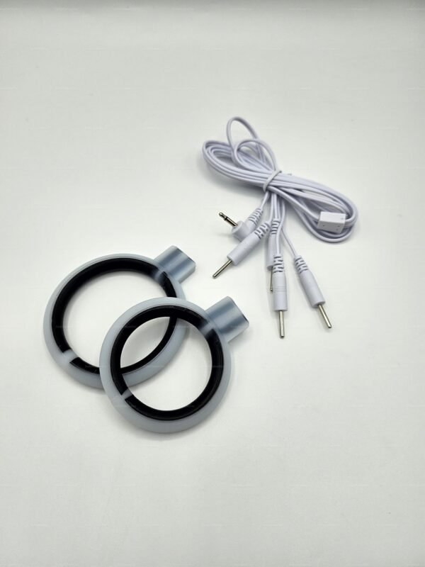 Double cock ring with electro-stimulation capability, featuring sleek black and silver design with connecting wires for added sensation.